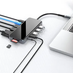 12 in 1 Type-C Docking Station USB-C Hub Splitter Adaptor with USB3.0*3 USB-C PD100W 100M RJ45 4K@30Hz Dual HDMI 1080P VGA 3.5mm Audio Digital Display Support SD/TF Card Reader Slot for PC Computer Laptop