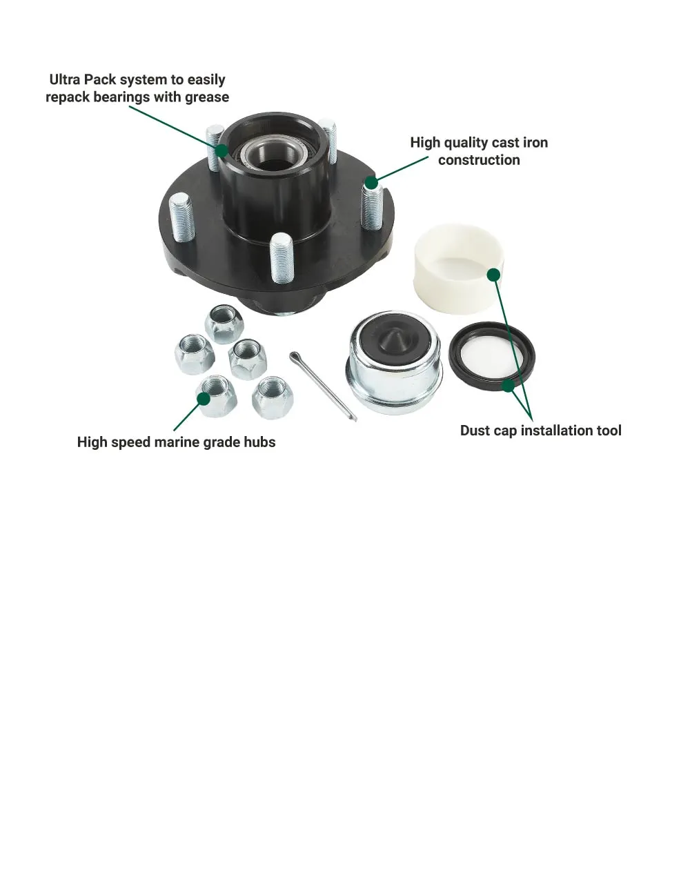 (572051.ULT) Ultra-Tow XTP Ultra Pack Trailer Hub | 5 on 4-1/2-In. | 1250-Lb. Cap