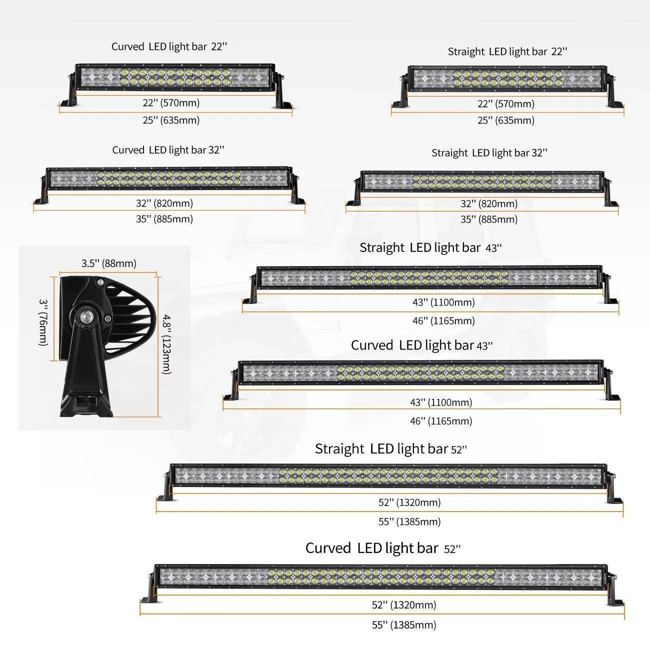 5D Series 22 Inch/32 Inch/42 Inch/50 Inch/52 Inch Combo Beam Straight/Curved Double Row LED Light Bar