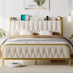 Bed Frame with Type-C & USB Port, Metal Platform Beds, with Linen Upholstered Headboard & Footboard, 12" Underbed Storage Space Bed Frame with Type-C & USB Port, Metal Platform Beds, with Linen Upholstered Headboard & Footboard, 12" Underbed Storage Space