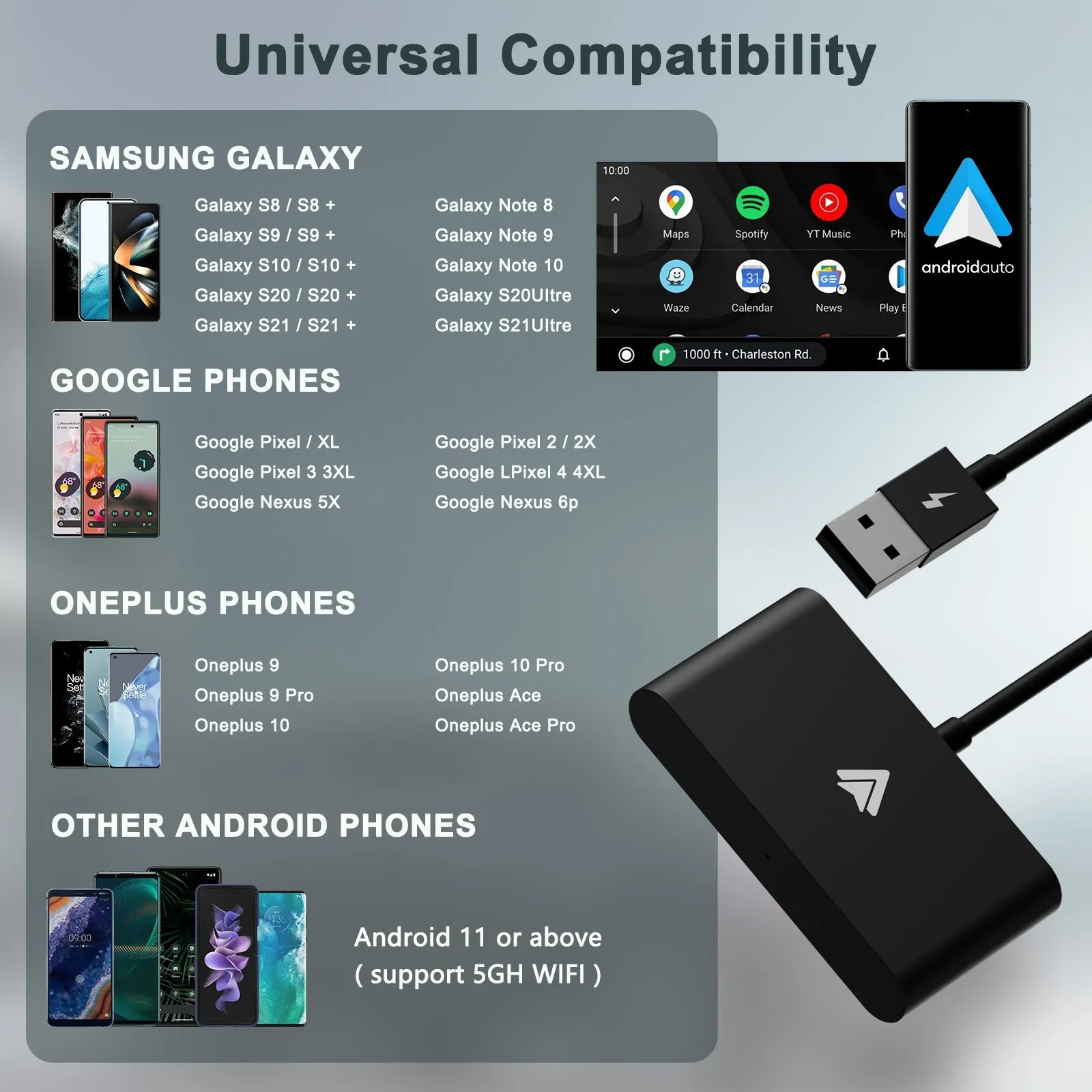 Car Wireless Adapter Compatible for Carplay Android Mobile Phone