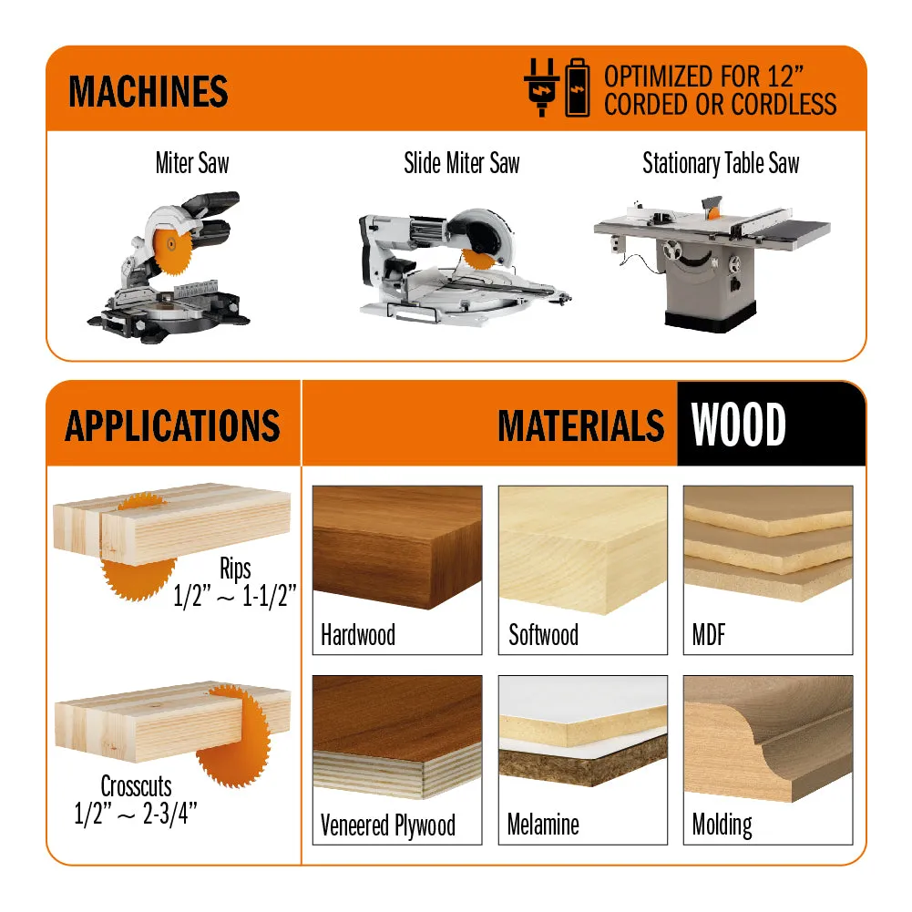 CMT Orange ITK Ultimate Cut-Off Saw Blade, 12" x T80 ATB with 1-Inch Bore (0.110" Thin Kerf)
