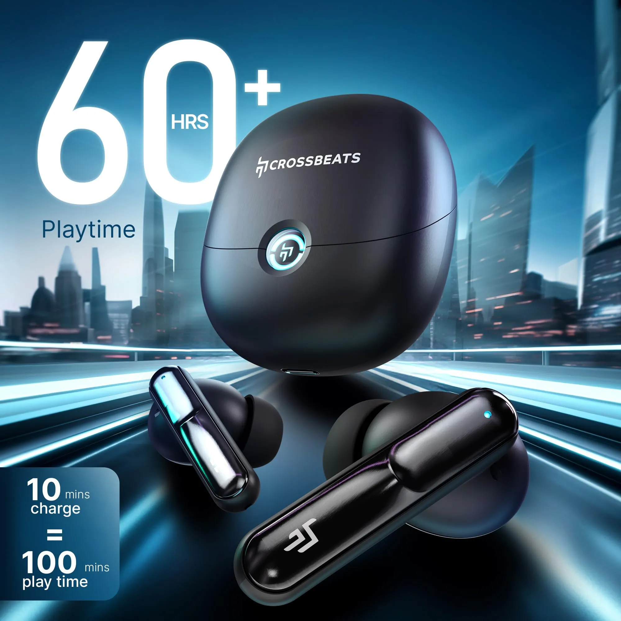 CrossBeats Sonic 3 TWS Ear buds 30dB Hybrid ANC Bluetooth Earphones 40ms Low Latency Gaming buds with Quad Mics 60hr Playtime 13mm Graphene Drivers IPX5 Rating Fast Charge