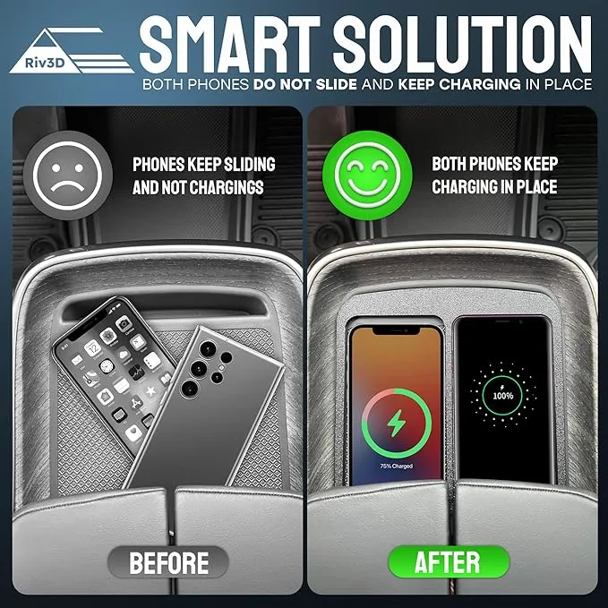 Double Cell Phone Holder for Rivian R1T & R1S - Charge Two Phones with Original Wireless Charging. Simple Installation, No Sliding
