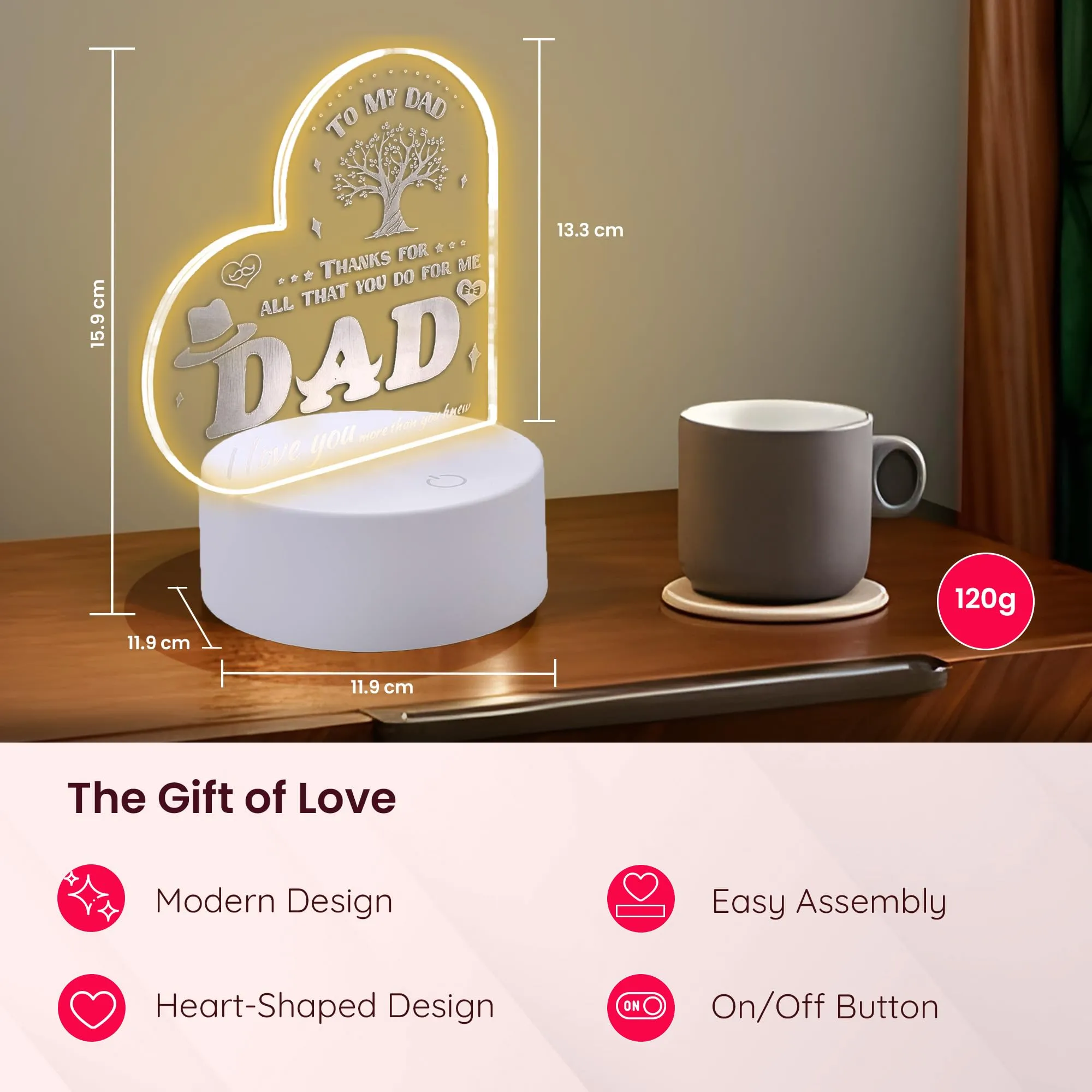 Gleevers Acrylic Plaque with Stand LED Light|Birth Day Christmas Special Occasion|Gift for Dad Grand Father Father's Day|Heart Shaped Engraved Night Light|Best Birthday Gift for Dad|1 Pack.