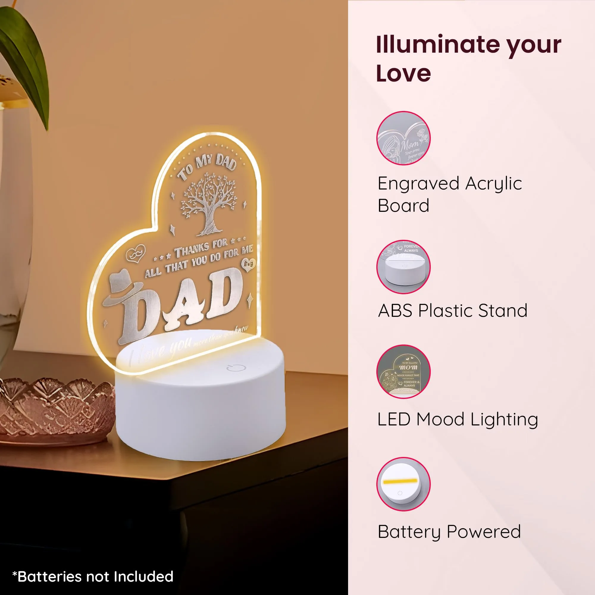 Gleevers Acrylic Plaque with Stand LED Light|Birth Day Christmas Special Occasion|Gift for Dad Grand Father Father's Day|Heart Shaped Engraved Night Light|Best Birthday Gift for Dad|1 Pack.