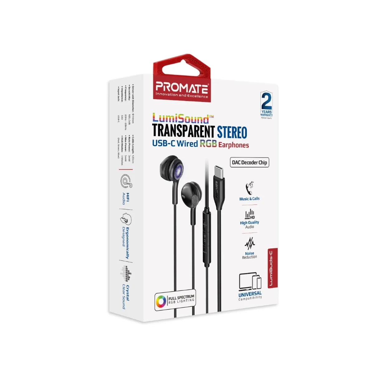 LumiSound™ Transparent Stereo USB-C Wired RGB Earphones