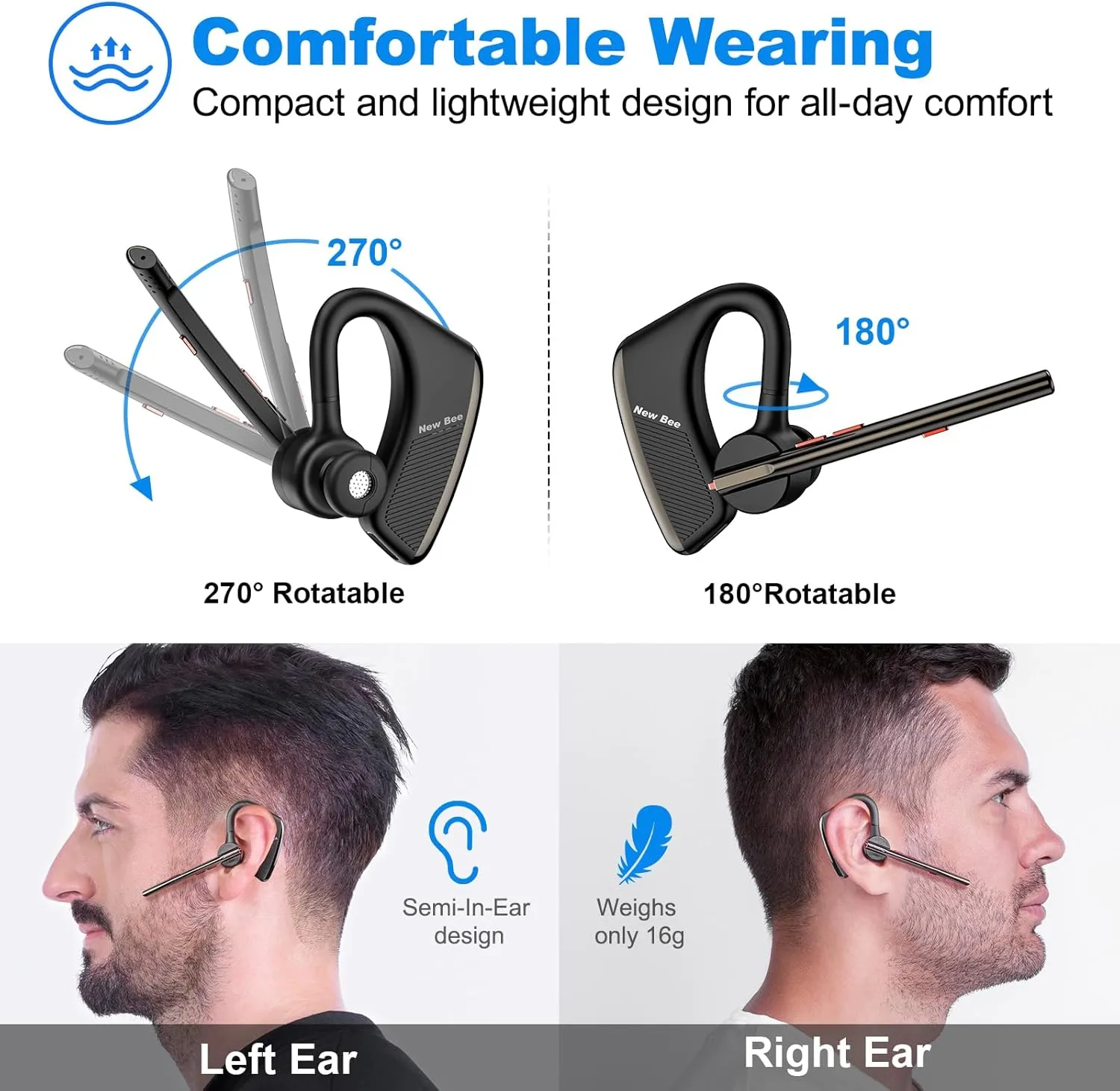 New Bee Bluetooth Headset with 24Hrs Talktime & Dual Mic Noise Cancelling Earpiece