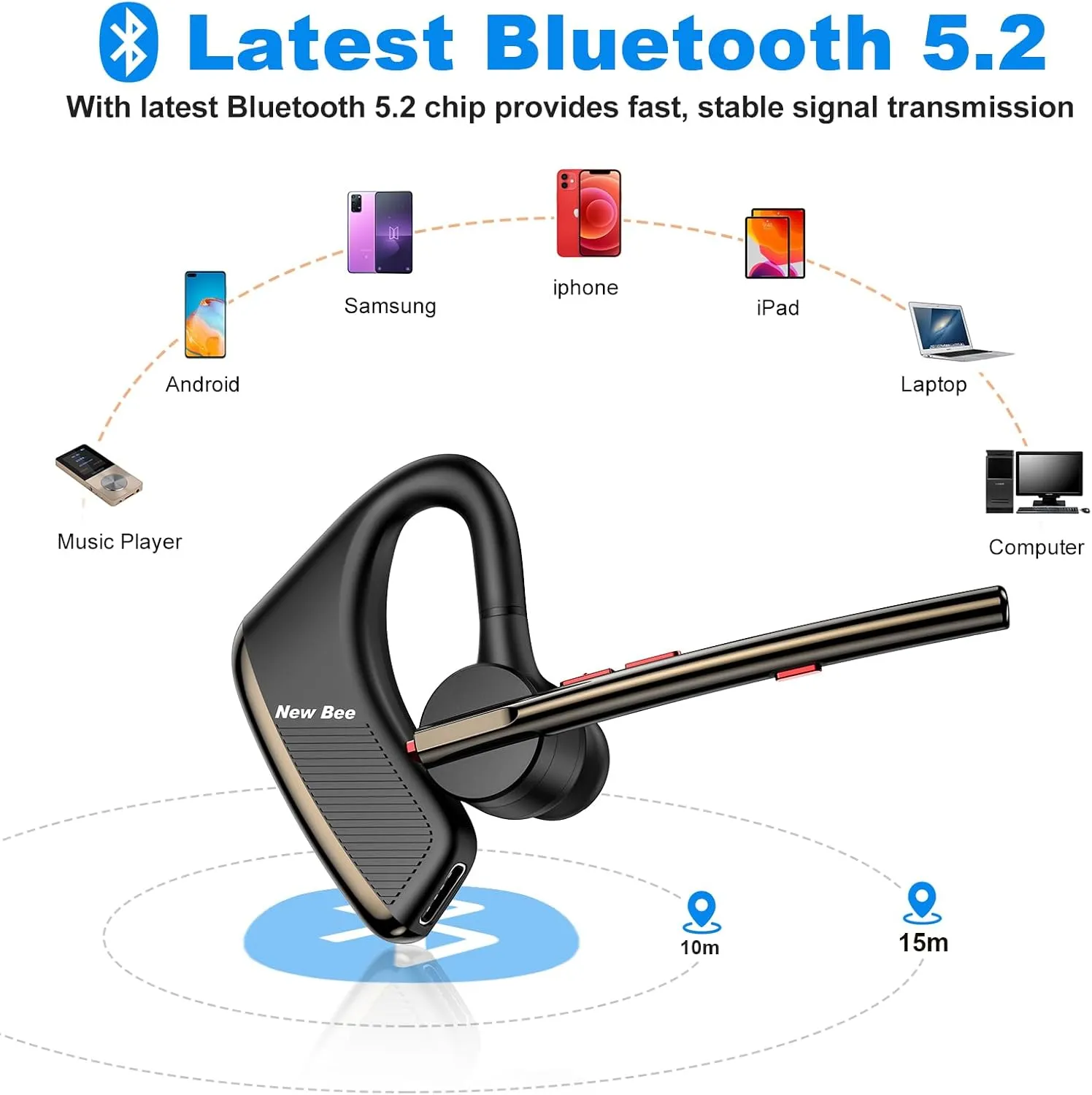 New Bee Bluetooth Headset with 24Hrs Talktime & Dual Mic Noise Cancelling Earpiece