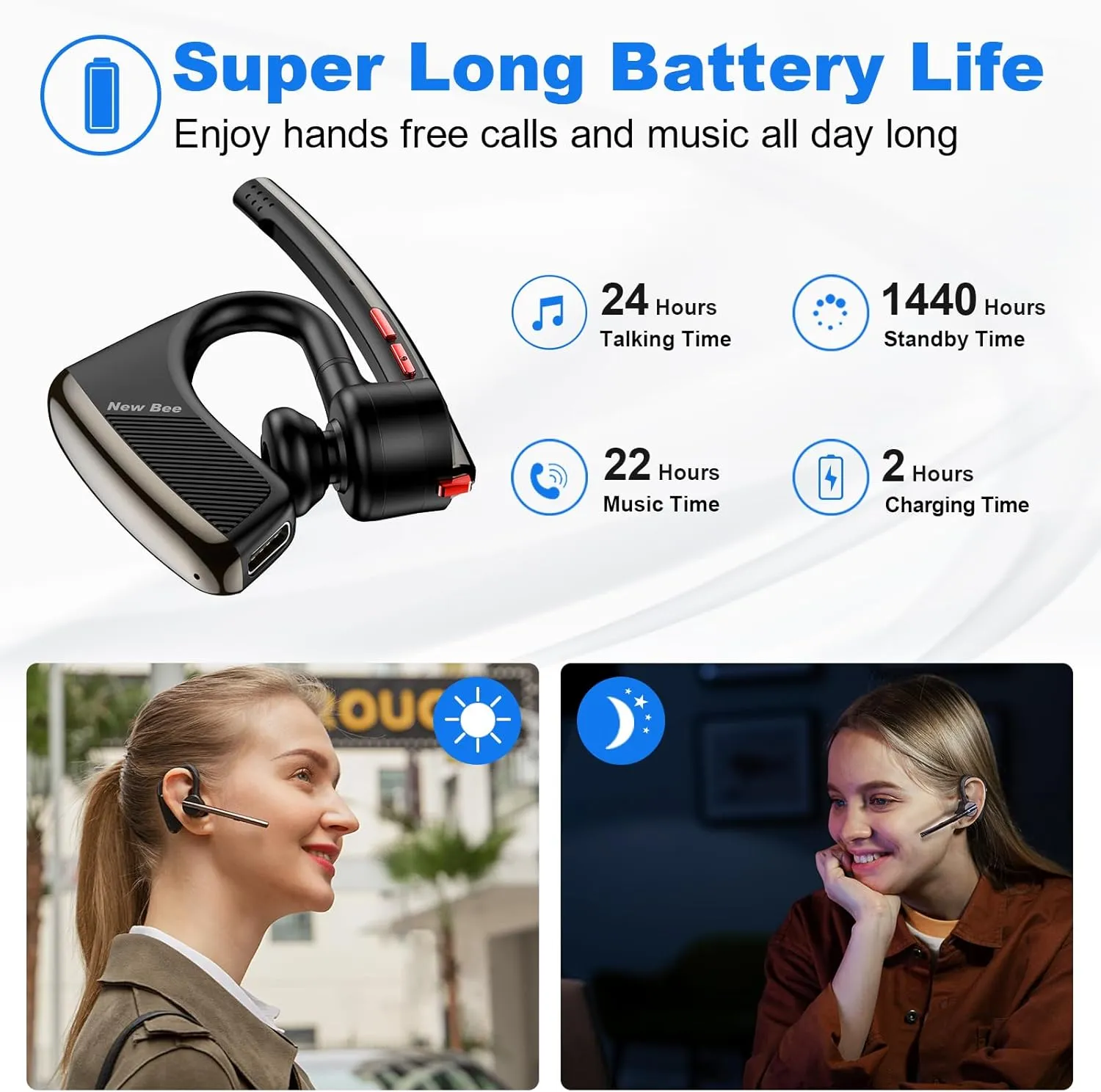 New Bee Bluetooth Headset with 24Hrs Talktime & Dual Mic Noise Cancelling Earpiece