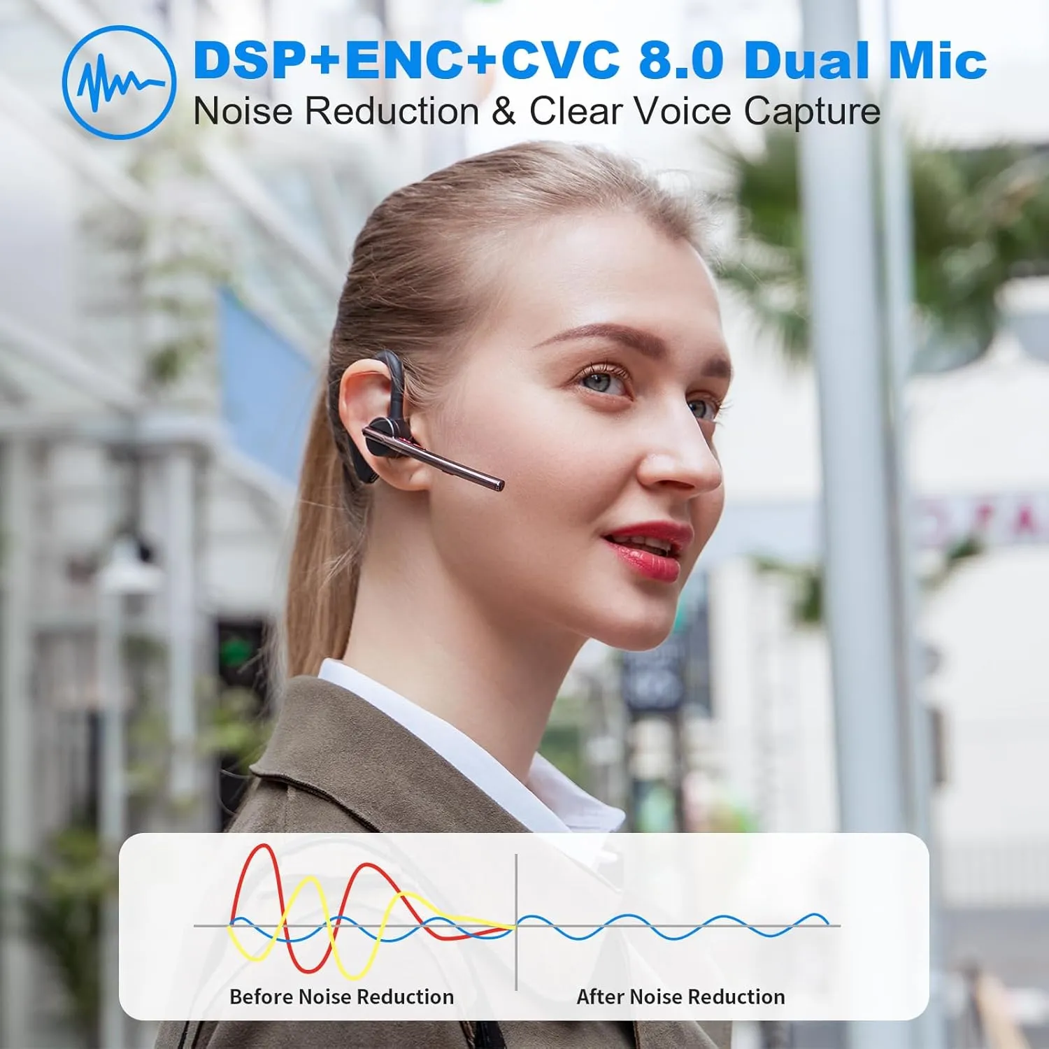 New Bee Bluetooth Headset with 24Hrs Talktime & Dual Mic Noise Cancelling Earpiece