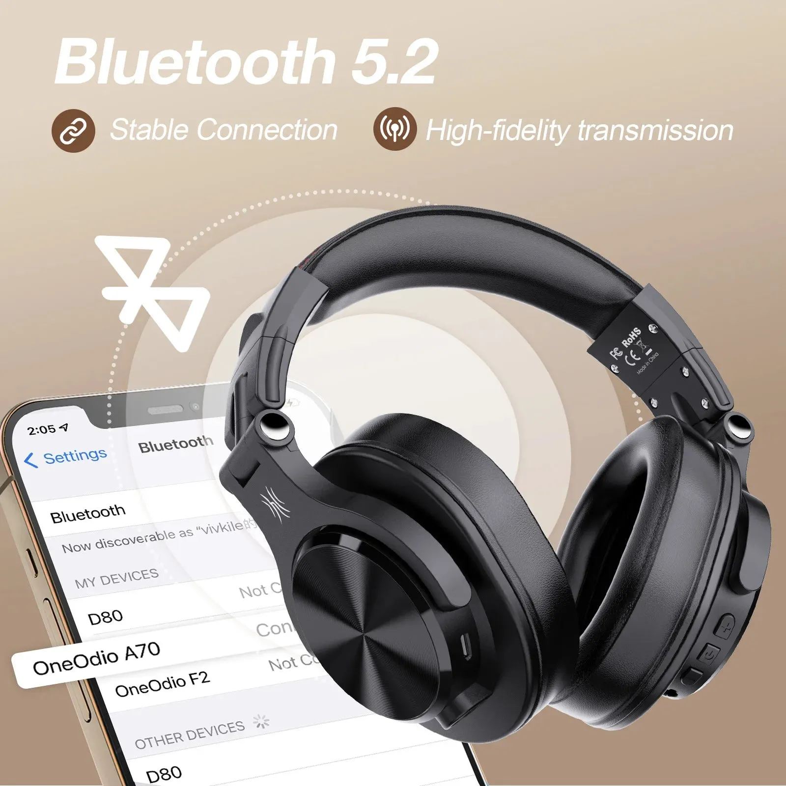 Oneodio Fusion A70 Bluetooth 5.2 Headphones - Hi-Res Audio Over Ear Wireless Headset for Studio Monitoring & DJ Use