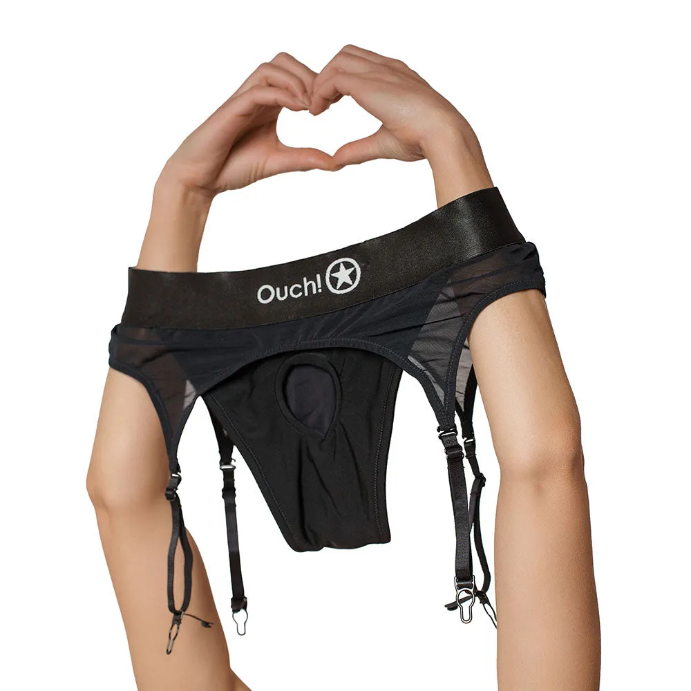 Ouch! Vibrating Strap-on Thong with Adjustable Garters Black XS/S