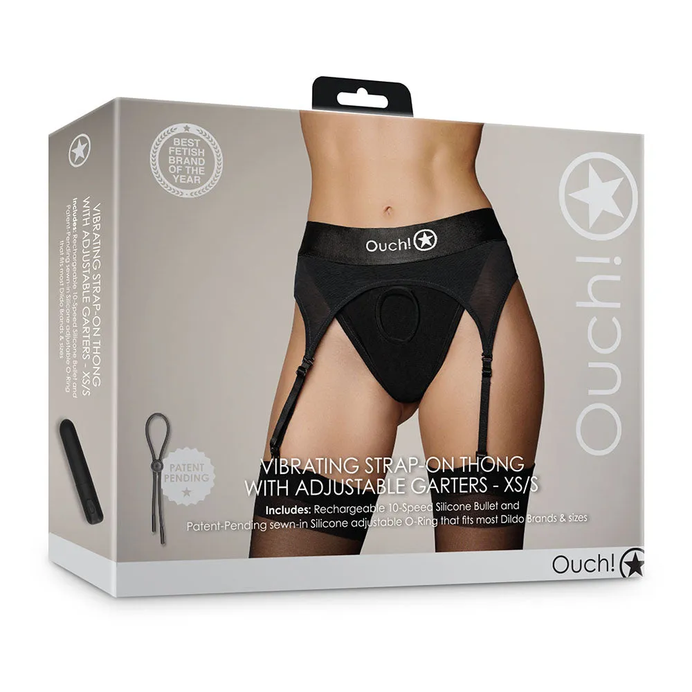 Ouch! Vibrating Strap-on Thong with Adjustable Garters Black XS/S