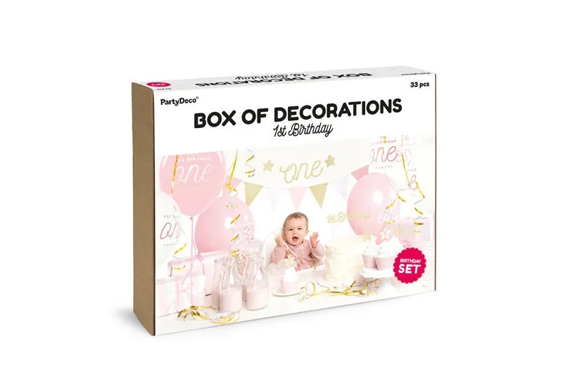 Pink and Gold 1st Birthday Kit, Includes 2 Garlands, 6 Cupcake Toppers & 6 Wrappers, 1 Cake Topper, 10 Straws, 6 Balloons, and 1 Streamer
