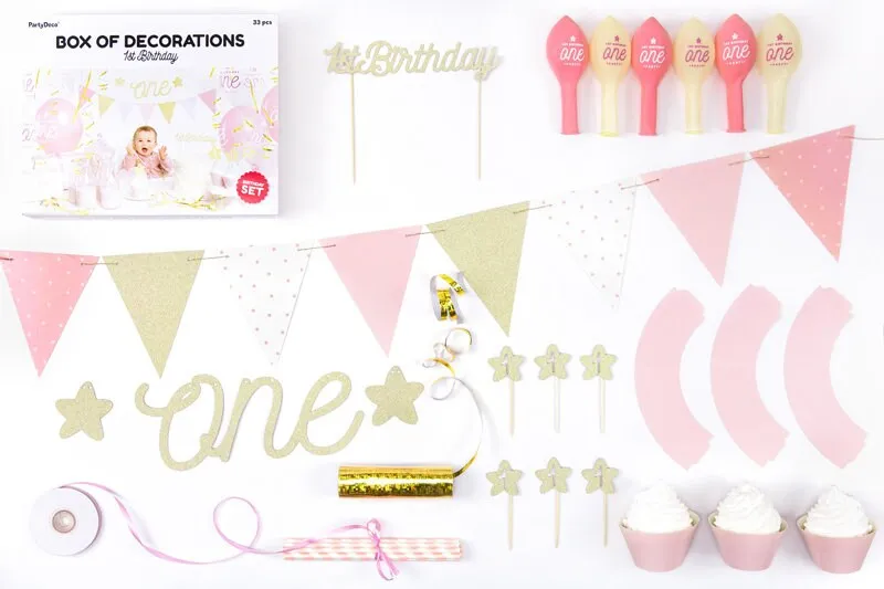 Pink and Gold 1st Birthday Kit, Includes 2 Garlands, 6 Cupcake Toppers & 6 Wrappers, 1 Cake Topper, 10 Straws, 6 Balloons, and 1 Streamer