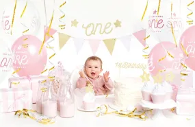 Pink and Gold 1st Birthday Kit, Includes 2 Garlands, 6 Cupcake Toppers & 6 Wrappers, 1 Cake Topper, 10 Straws, 6 Balloons, and 1 Streamer