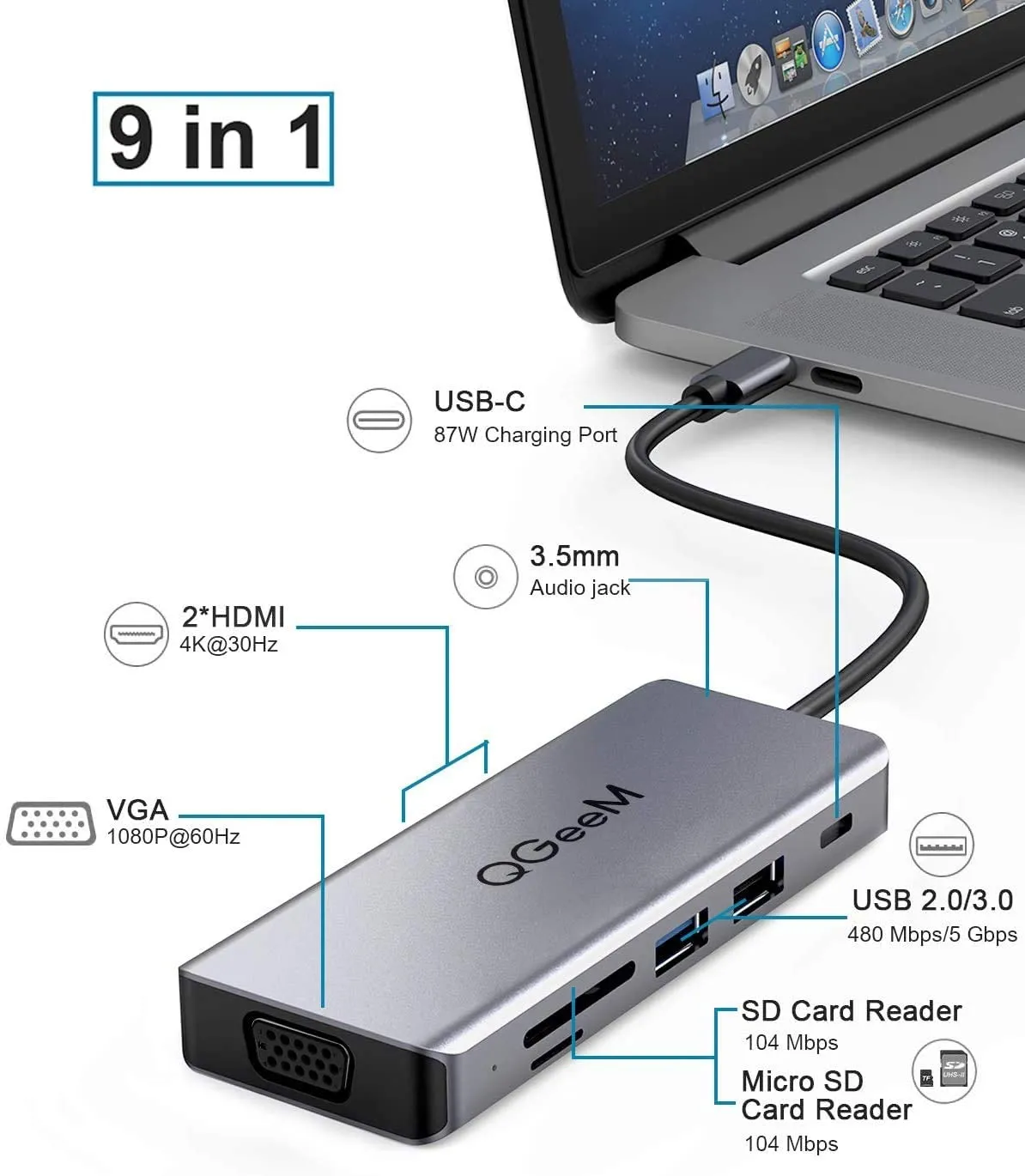 QGeeM 9-in-1 USB-C Hub With HDMI 4K@30HZ,PD 100W USB C Charging Port,USB-C HUB