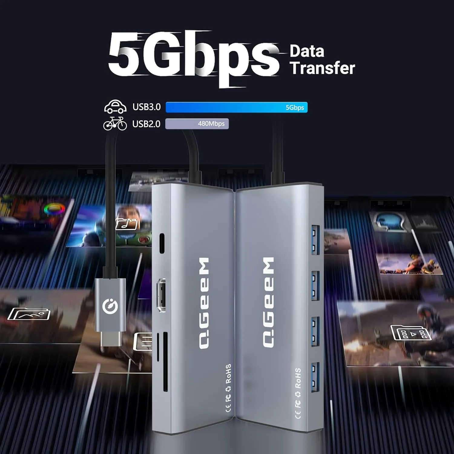 QGeeM USB C Hub Ethernet,9 in 1 Docking Stationwith 4K HDMI,1000Mbps LAN, 100W PD, USB 3.0/2.0, SD/TF Card Reader, USB C Dock Compatible with iPhone 15/Mac/Dell/HP/Surface