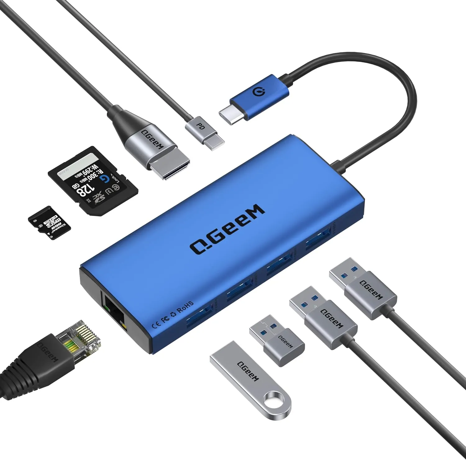 QGeeM USB C Hub Ethernet,9 in 1 Docking Stationwith 4K HDMI,1000Mbps LAN, 100W PD, USB 3.0/2.0, SD/TF Card Reader, USB C Dock Compatible with iPhone 15/Mac/Dell/HP/Surface