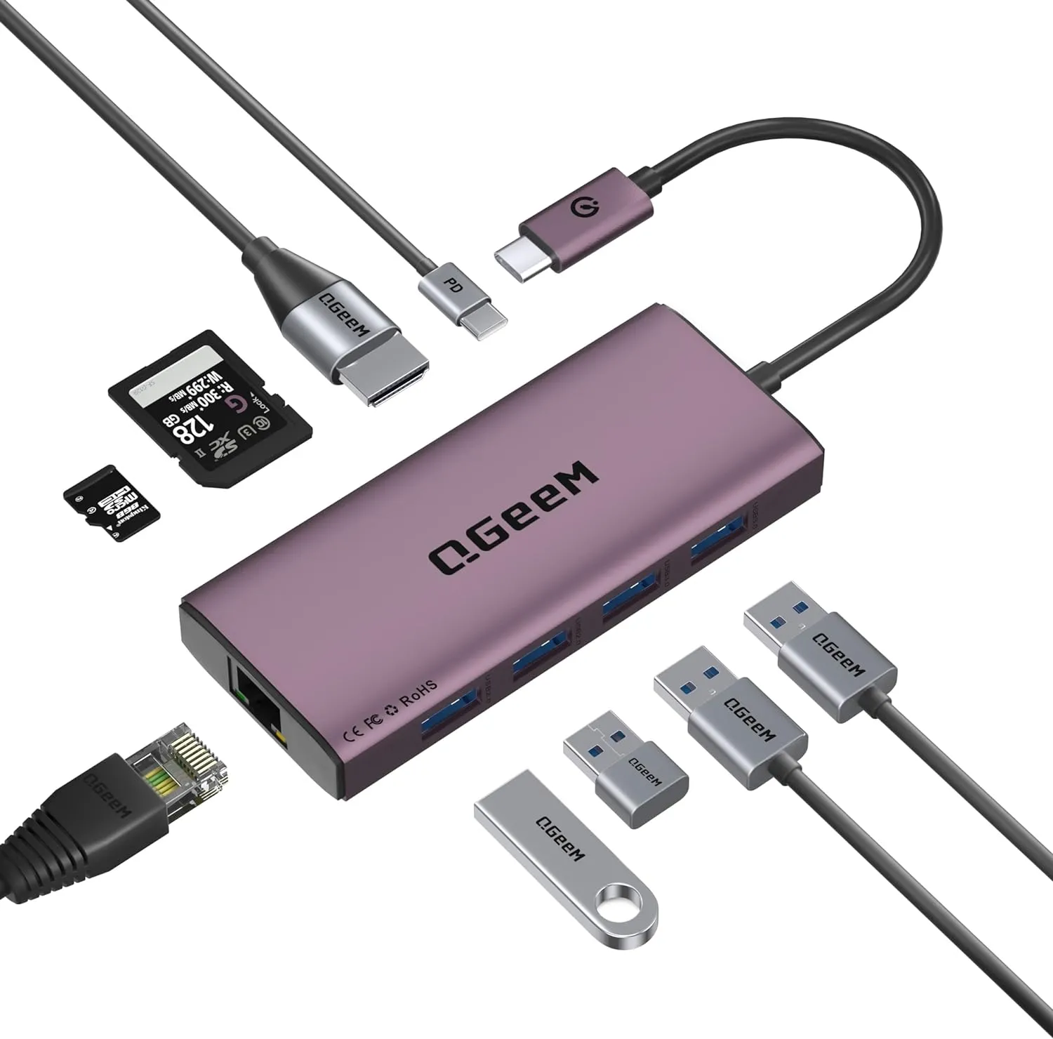 QGeeM USB C Hub Ethernet,9 in 1 Docking Stationwith 4K HDMI,1000Mbps LAN, 100W PD, USB 3.0/2.0, SD/TF Card Reader, USB C Dock Compatible with iPhone 15/Mac/Dell/HP/Surface