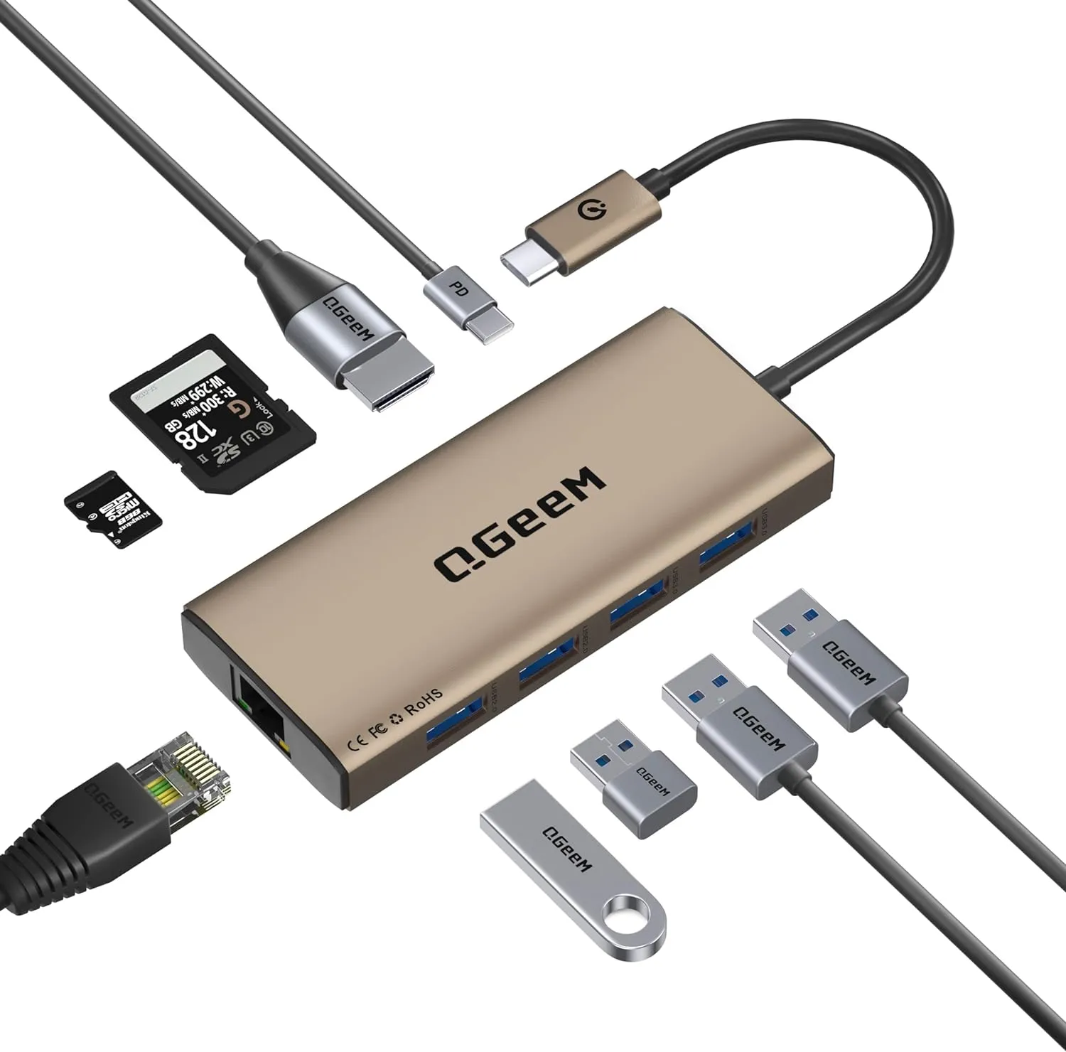 QGeeM USB C Hub Ethernet,9 in 1 Docking Stationwith 4K HDMI,1000Mbps LAN, 100W PD, USB 3.0/2.0, SD/TF Card Reader, USB C Dock Compatible with iPhone 15/Mac/Dell/HP/Surface