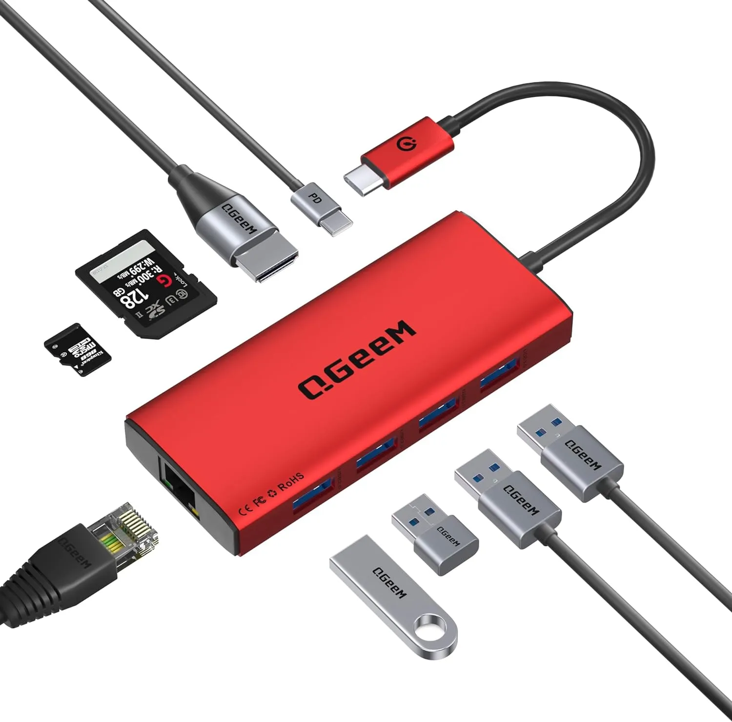 QGeeM USB C Hub Ethernet,9 in 1 Docking Stationwith 4K HDMI,1000Mbps LAN, 100W PD, USB 3.0/2.0, SD/TF Card Reader, USB C Dock Compatible with iPhone 15/Mac/Dell/HP/Surface
