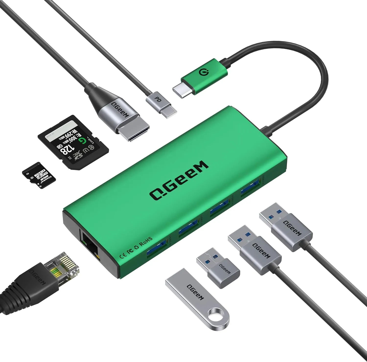 QGeeM USB C Hub Ethernet,9 in 1 Docking Stationwith 4K HDMI,1000Mbps LAN, 100W PD, USB 3.0/2.0, SD/TF Card Reader, USB C Dock Compatible with iPhone 15/Mac/Dell/HP/Surface