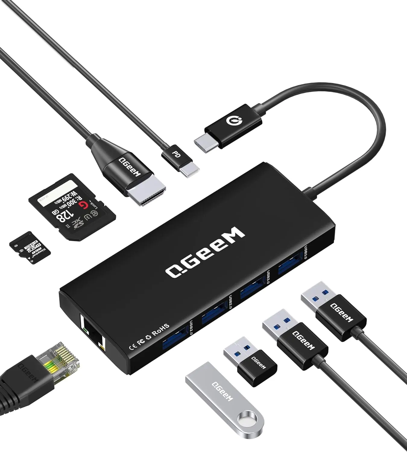QGeeM USB C Hub Ethernet,9 in 1 Docking Stationwith 4K HDMI,1000Mbps LAN, 100W PD, USB 3.0/2.0, SD/TF Card Reader, USB C Dock Compatible with iPhone 15/Mac/Dell/HP/Surface