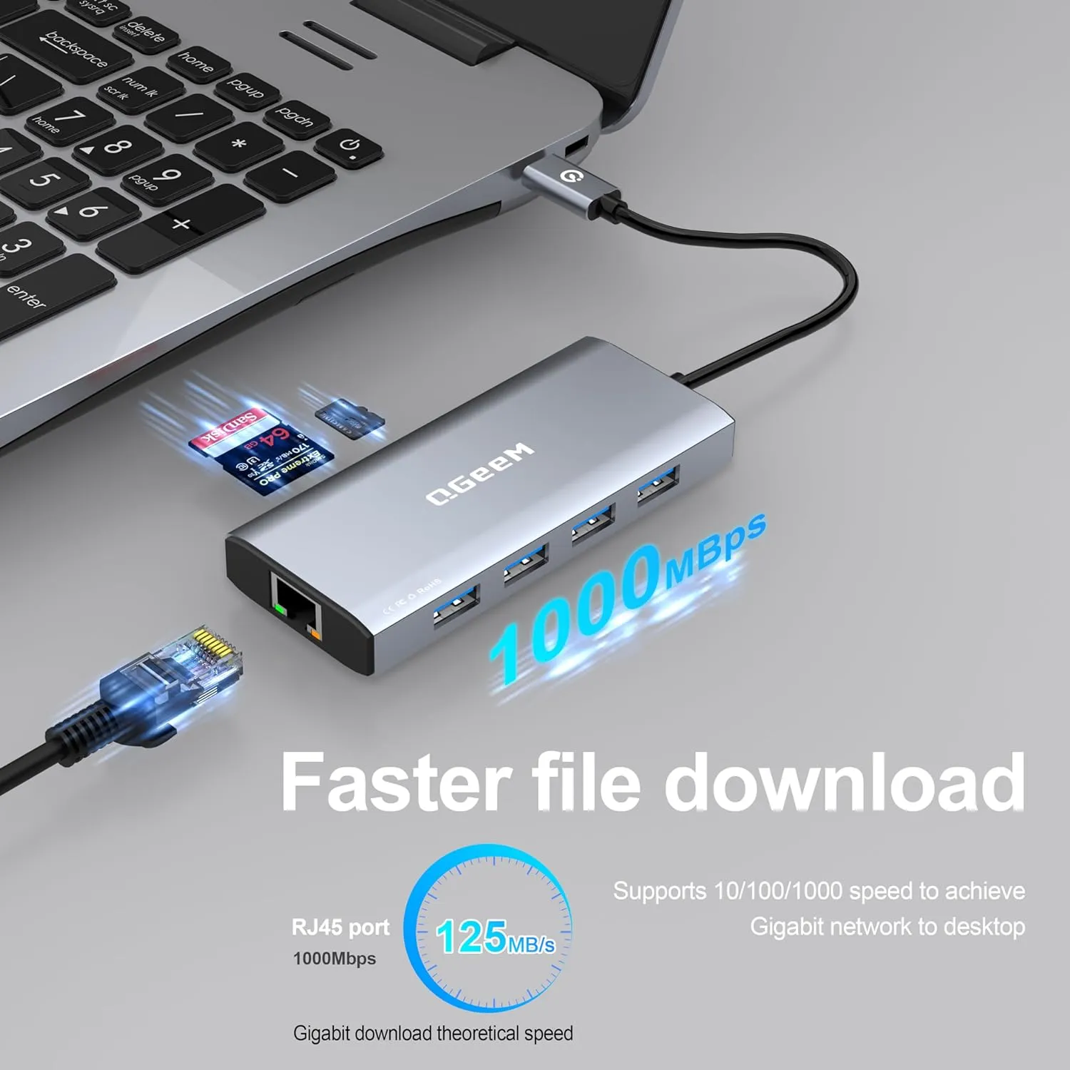 QGeeM USB C Hub Ethernet,9 in 1 Docking Stationwith 4K HDMI,1000Mbps LAN, 100W PD, USB 3.0/2.0, SD/TF Card Reader, USB C Dock Compatible with iPhone 15/Mac/Dell/HP/Surface