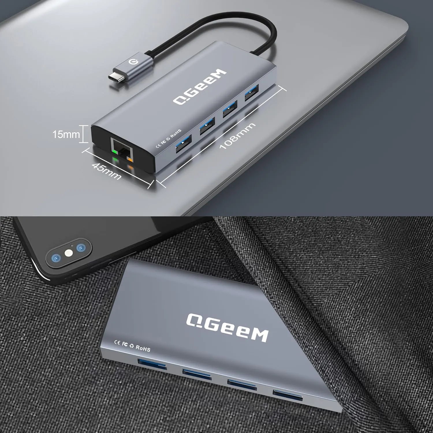 QGeeM USB C Hub Ethernet,9 in 1 Docking Stationwith 4K HDMI,1000Mbps LAN, 100W PD, USB 3.0/2.0, SD/TF Card Reader, USB C Dock Compatible with iPhone 15/Mac/Dell/HP/Surface