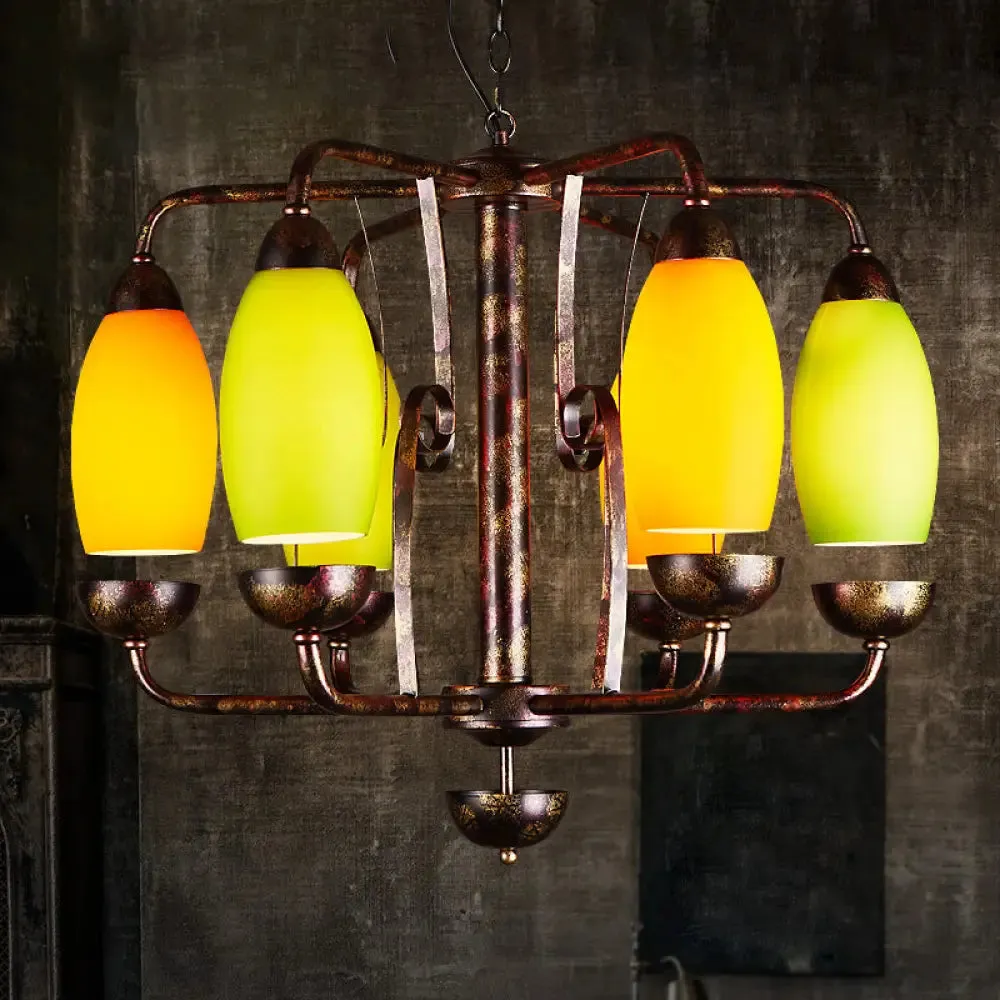Rustic 6-Light Chandelier with Orange and Green Glass Shades - Perfect Bar Pendant Lamp