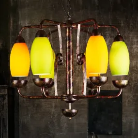 Rustic 6-Light Chandelier with Orange and Green Glass Shades - Perfect Bar Pendant Lamp