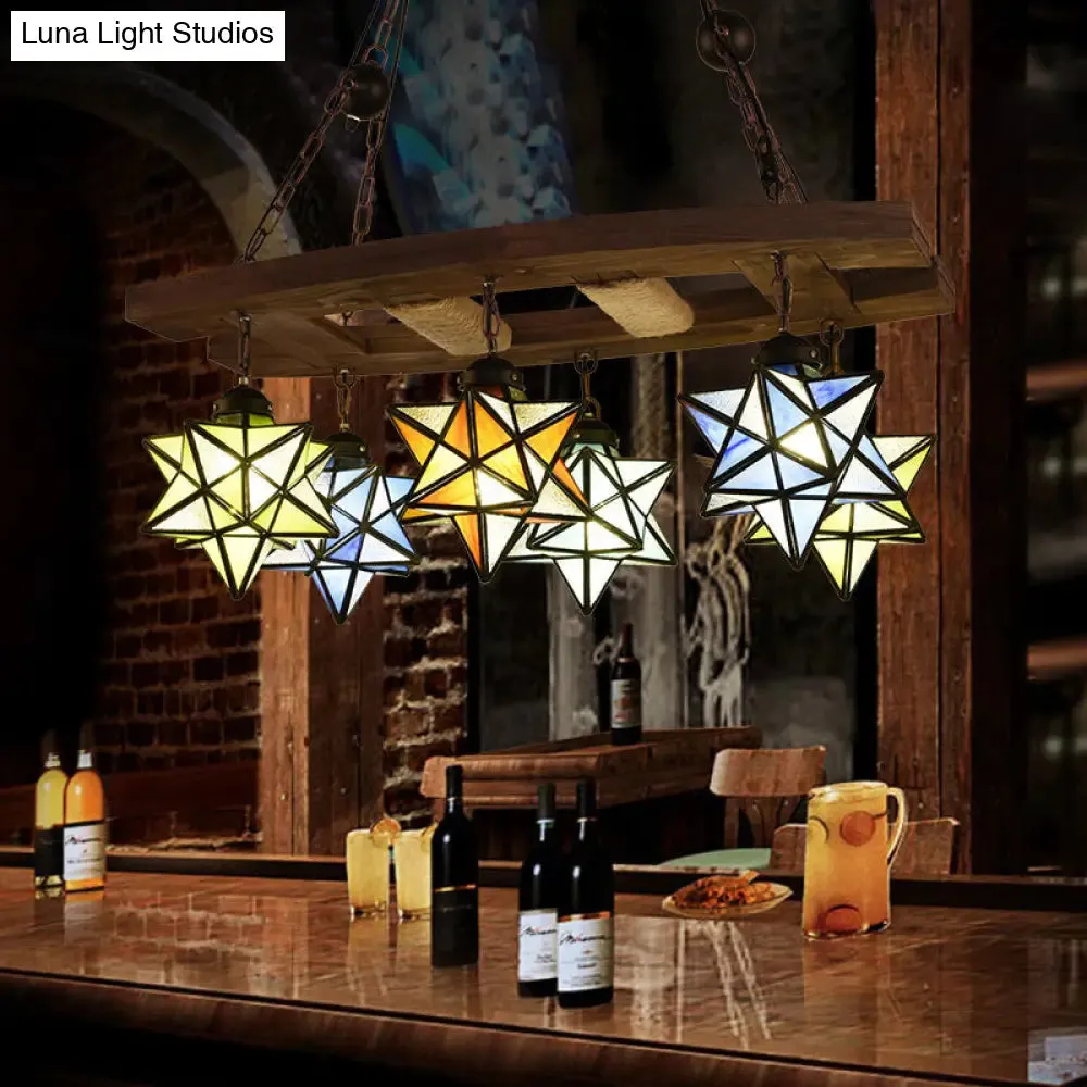 Rustic Stained Glass Star Chandelier with 6 Multi-Color Lights - Perfect for Bars and Lofts