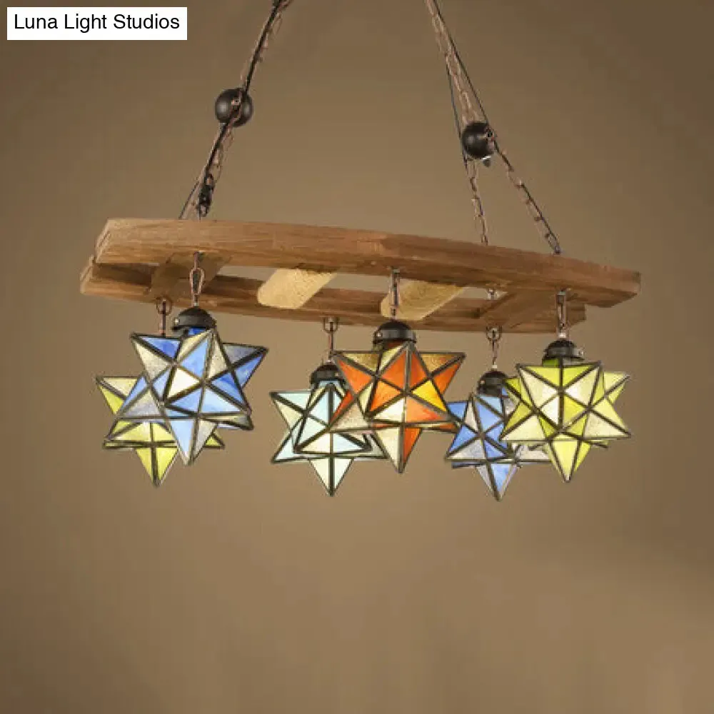 Rustic Stained Glass Star Chandelier with 6 Multi-Color Lights - Perfect for Bars and Lofts