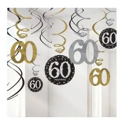 Sparkling Black 60th Swirl Decorations
