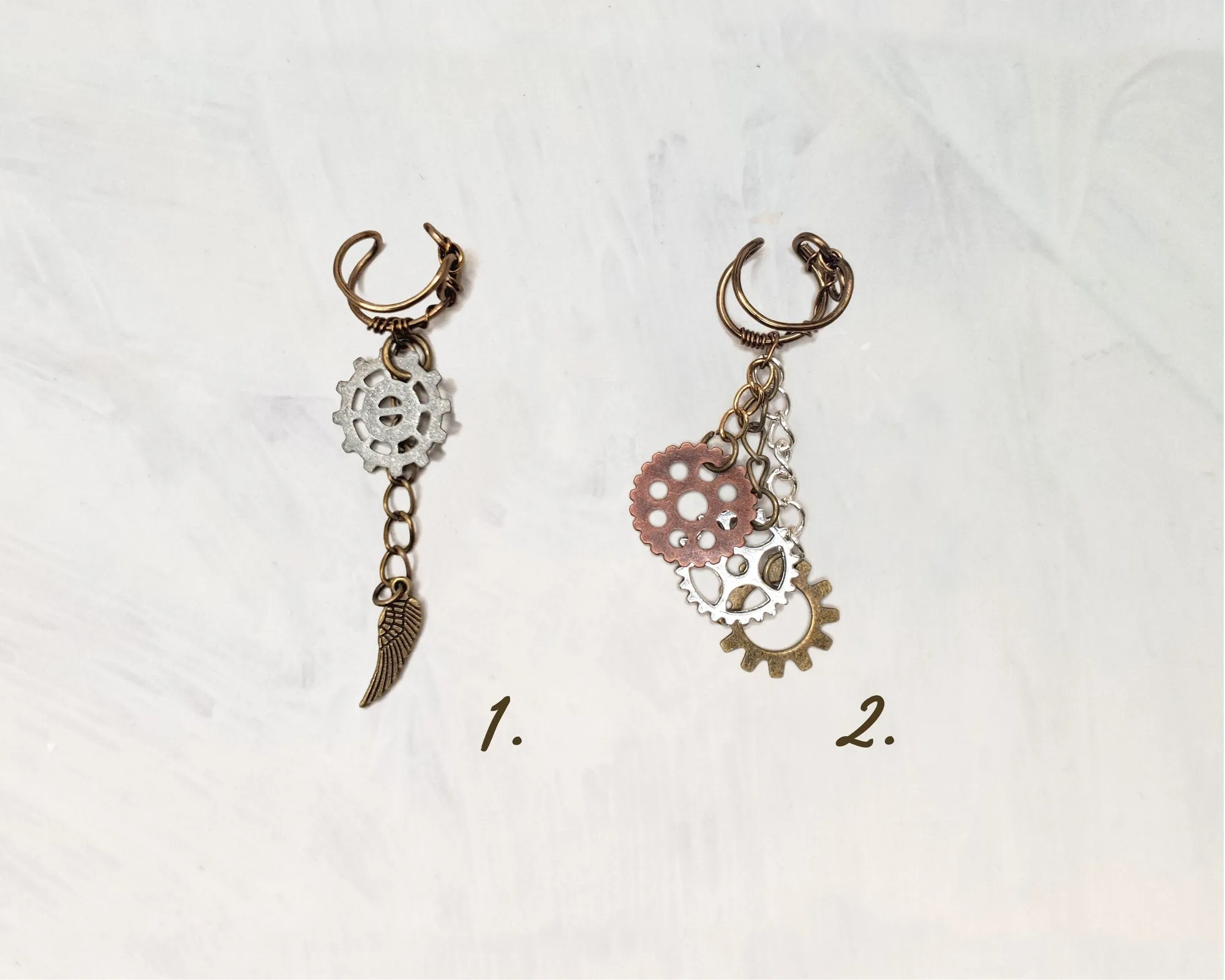 Steampunk Ear Cartilage Cuff in Antique Brass with Charm Dangles on Long Chains, Adjustable, Wing, Gears