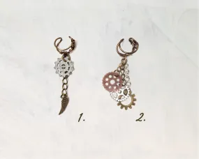 Steampunk Ear Cartilage Cuff in Antique Brass with Charm Dangles on Long Chains, Adjustable, Wing, Gears