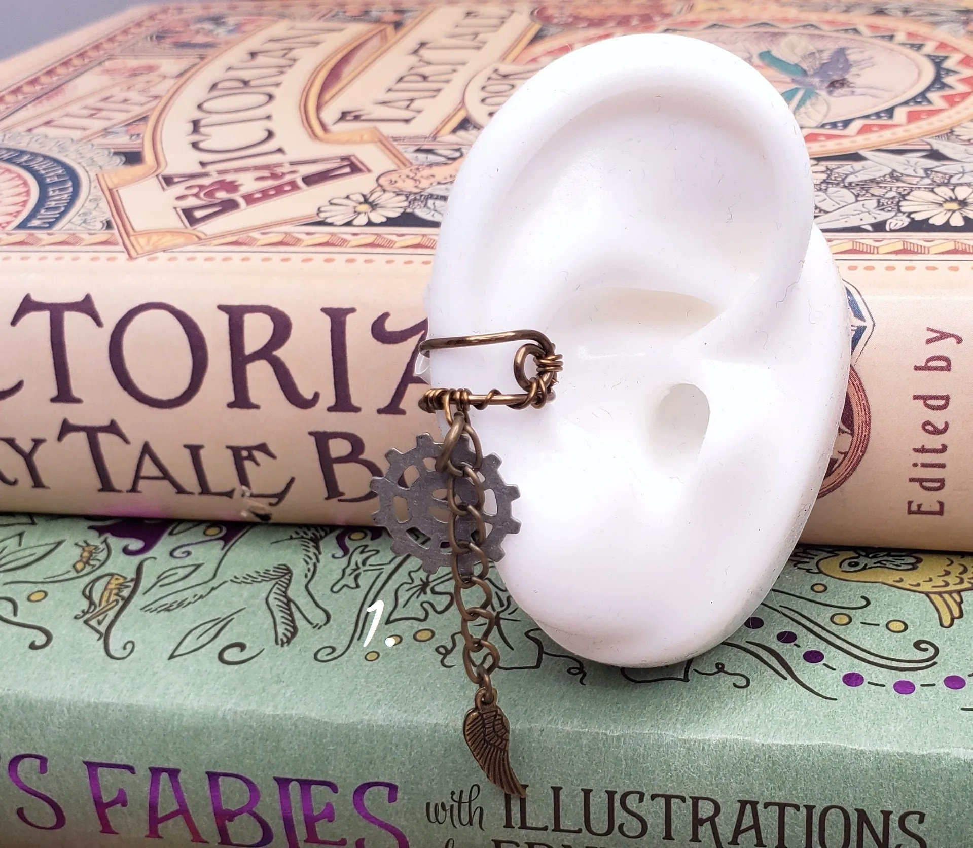 Steampunk Ear Cartilage Cuff in Antique Brass with Charm Dangles on Long Chains, Adjustable, Wing, Gears