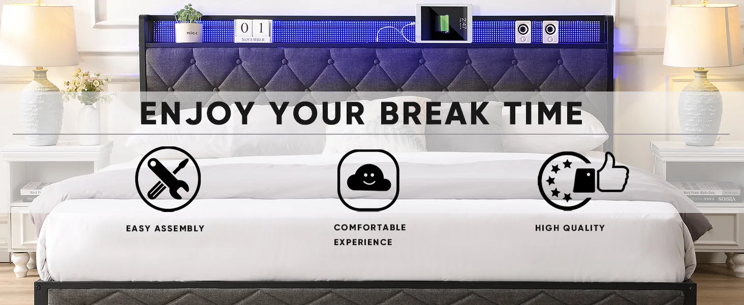 Walker Edison | Upholstered Storage Charging Station and LED Lights Bed