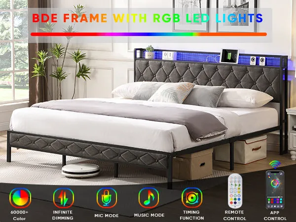 Walker Edison | Upholstered Storage Charging Station and LED Lights Bed