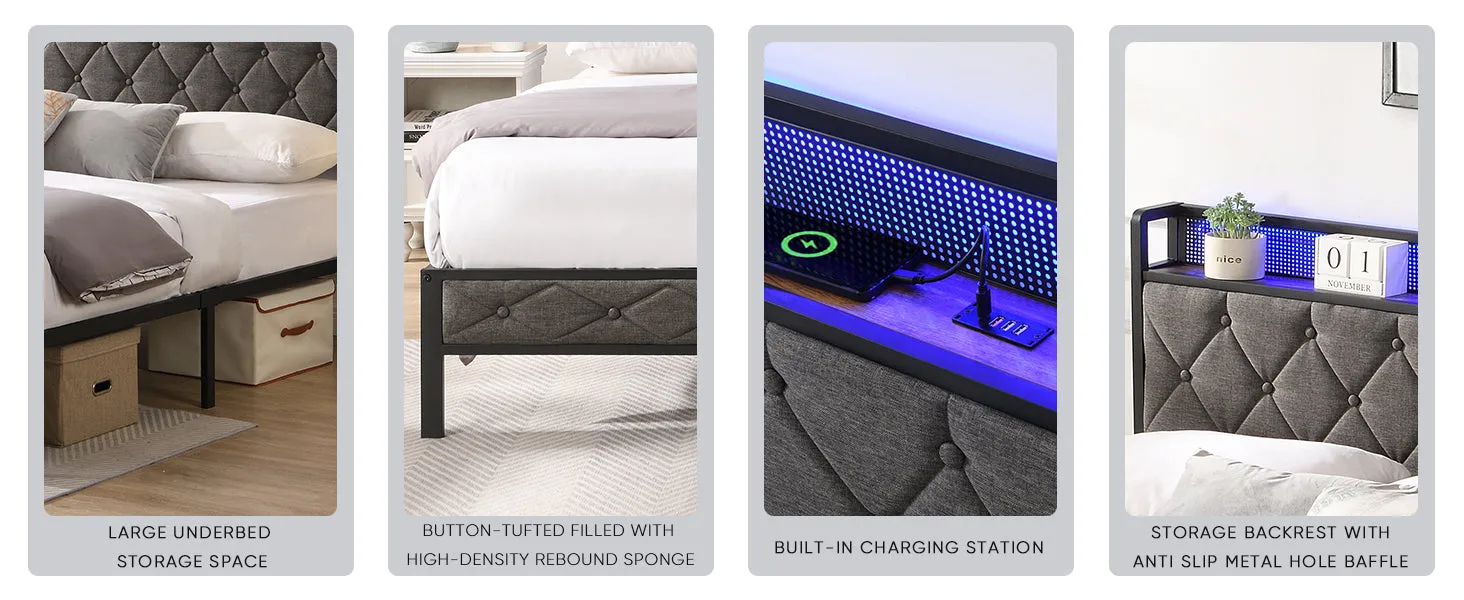 Walker Edison | Upholstered Storage Charging Station and LED Lights Bed